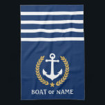 Linge De Cuisine Votre nom de bateau Ancre Gold Style Laurel Blue<br><div class="desc">Personnalisez votre maison avec des serviettes de cuisine affichant votre nom de bateau, nom de famille ou autre texte désiré. Doté d'une ancre nautique conçue sur mesure, de feuilles de lauriers de style or et d'un emblème d'étoiles en bleu marine ou de régler facilement la couleur primaire pour correspondre à...</div>