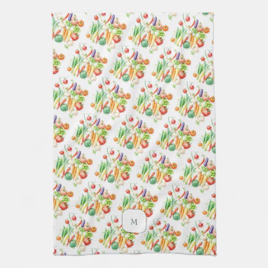 Linge De Cuisine Watercolor vegetables pattern monogrammed (Vertical)