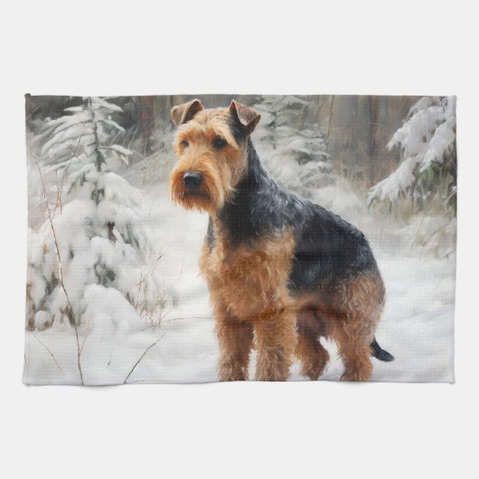 Linge De Cuisine Welsh Terrier Laisser Neige Noël (Horizontal)