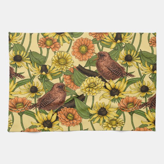 Linge De Cuisine Wens et fleurs sur jaune pâle (Horizontal)