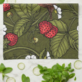 Linge De Cuisine Wens et fraises sur vert foncé (Plié)