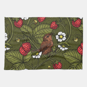 Linge De Cuisine Wens et fraises sur vert foncé