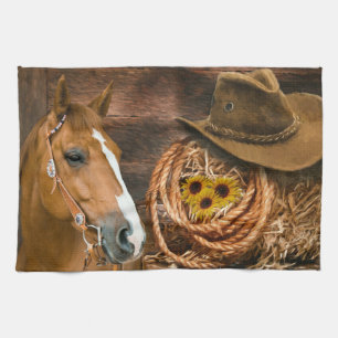 Linge De Cuisine Western Horse Cowboy Casquette Lasso Sunflowers