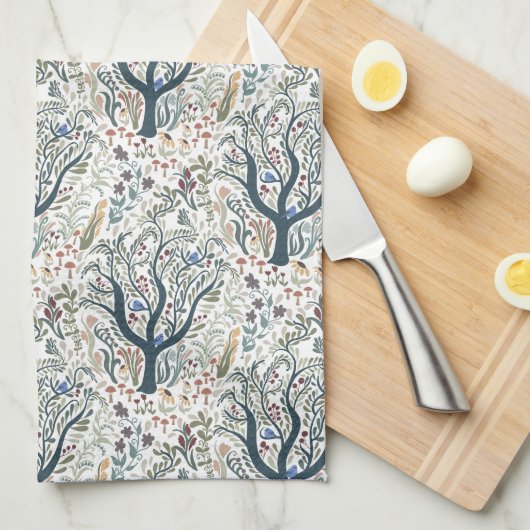 Linge De Cuisine Whimsical Folk Art Forêt Tons Terre (Quart Plié)