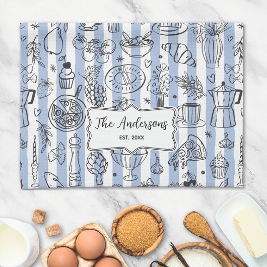 Linge De Cuisine Whimsical Italian Food Illustration Blue Stripes