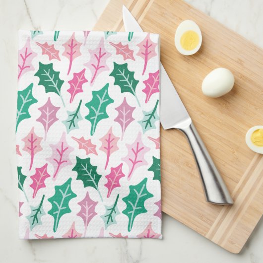 Linge De Cuisine Whimsical Pink and Green Christmas Holly Leaves (Quart Plié)