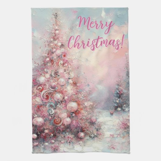 Linge De Cuisine Whimsical Pink Christmas Tree Personalized (Vertical)