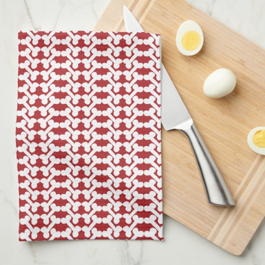 Linge De Cuisine White Dog Bone Herringbone Pattern Brick Red (Quart Plié)