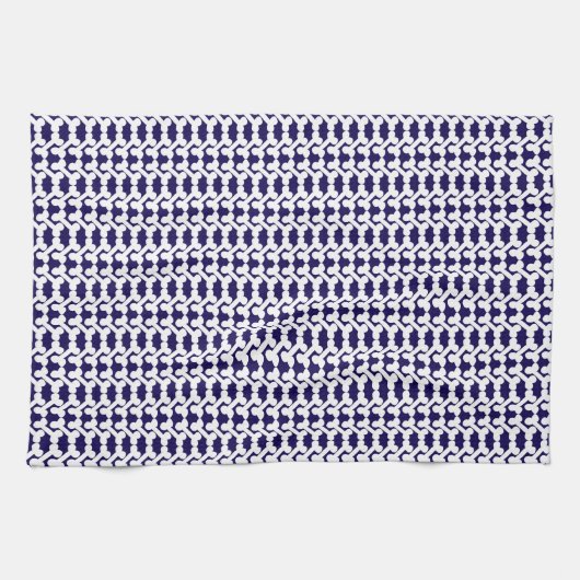 Linge De Cuisine White Dog Bone Herringbone Pattern Navy Blue (Horizontal)