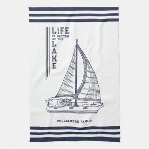 Linge De Cuisine White Navy Blue Life is Better at the Lake