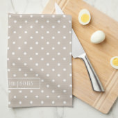 Linge De Cuisine White On Beige Polka Dots Pattern With Custom Name (Quart Plié)