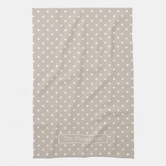 Linge De Cuisine White On Beige Polka Dots Pattern With Custom Name (Vertical)