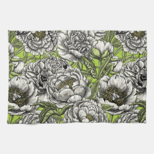 Linge De Cuisine White peony flowers and moths