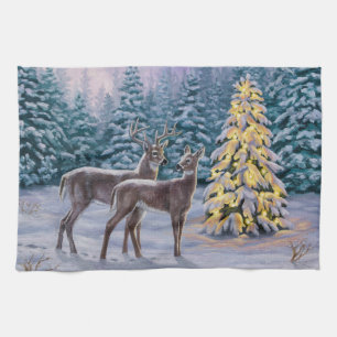 Linge De Cuisine Whitetail Deer & Christmas Tree Scene hivernale