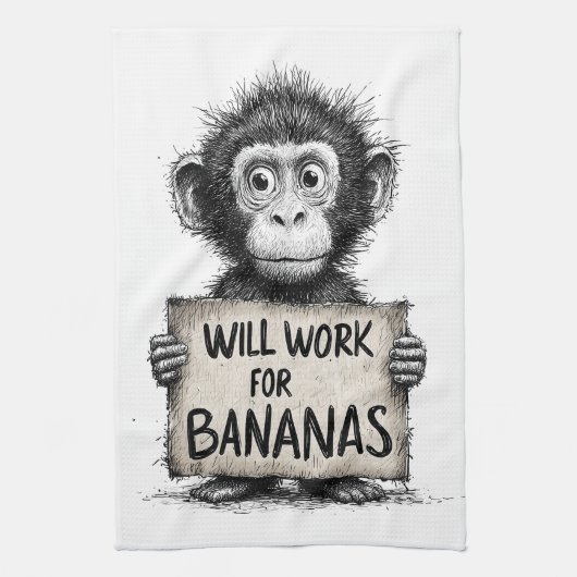 Linge De Cuisine Will Work for Bananas - Humorous Monkey Sketch (Vertical)