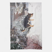 Linge De Cuisine Winter snow scene with cute black and tan dog (Vertical)