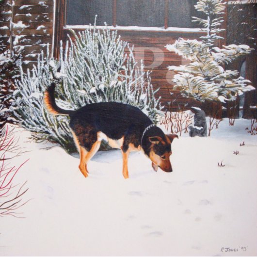 Linge De Cuisine Winter snow scene with cute black and tan dog