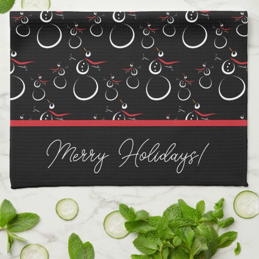 Linge De Cuisine Winter Snowman Famille Motif Joyeux vacances Noir (Plié)