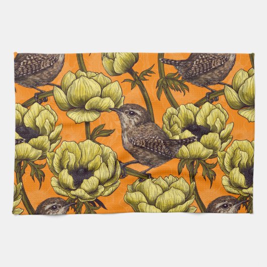 Linge De Cuisine Wrens dans le jardin d'anémones jaunes (Horizontal)