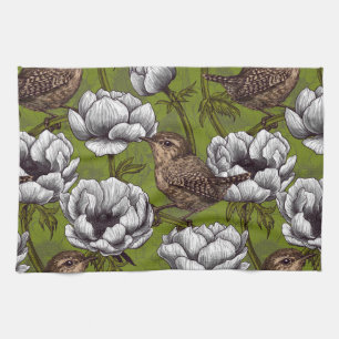 Linge De Cuisine Wrens in the white anemone garden
