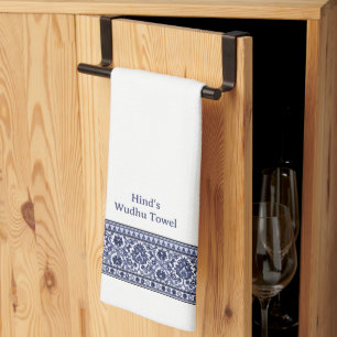 Linge De Cuisine Wudu bleu et blanc à bordure florale personnalisé