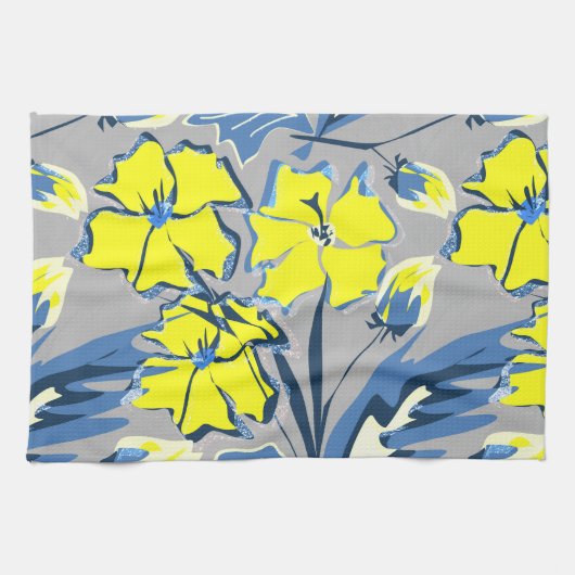 Linge De Cuisine Yellow and blue flowers with sparkles. (Horizontal)