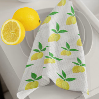 Linge De Cuisine Yellow Lemons Green Leaves White Background