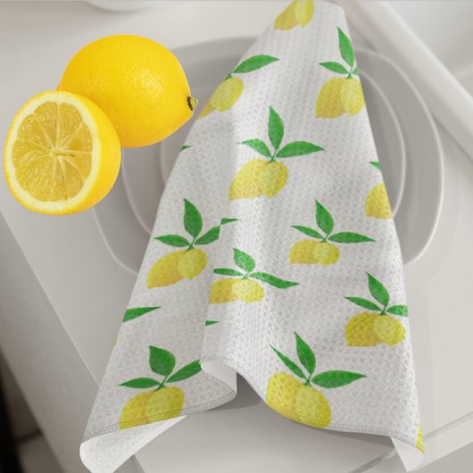 Linge De Cuisine Yellow Lemons Green Leaves White Background