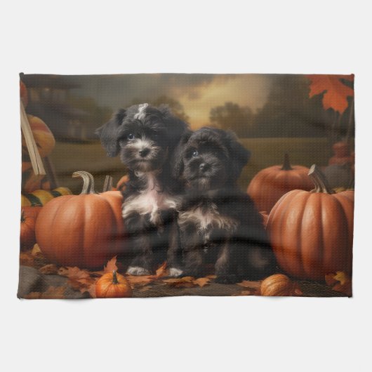 Linge De Cuisine Yorkipoo Chiot Automne Citrouille délice (Horizontal)