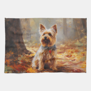 Linge De Cuisine Yorkshire Terrier en automne feuilles tombantes in