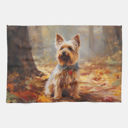 Linge De Cuisine Yorkshire Terrier en automne Leaves automne Inspir (Horizontal)