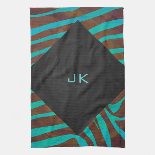Linge De Cuisine Zèbre Brown et Turquoise avec Monogramme (Vertical)