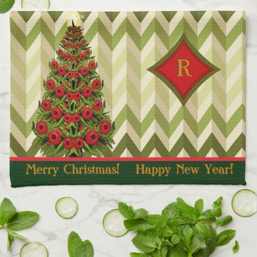Linge De Cuisine Zigzag Arbre de Noël - Monogramme (Plié)