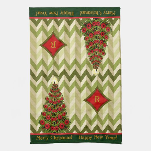 Linge De Cuisine Zigzag Arbre de Noël - Monogramme (Vertical)