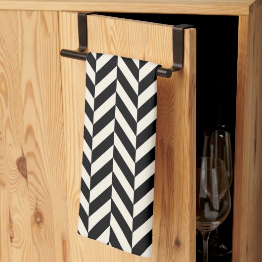 Linge De Cuisine Zigzag Herringbone Noir et crème (Pliage en tiers)