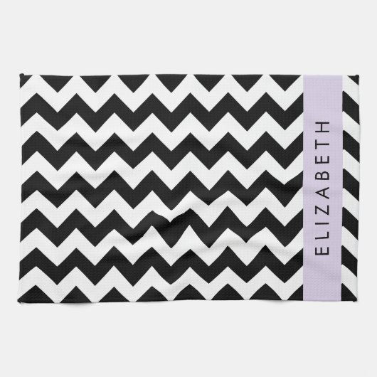 Linge De Cuisine Zigzag noir et blanc, Motif Chevron, Votre nom (Horizontal)