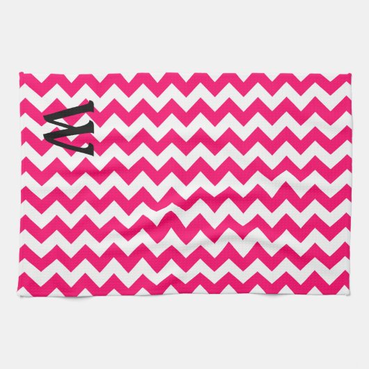 Linge De Cuisine Zigzag rose vif monogramme (Horizontal)