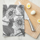 Linge De Cuisine Zinnias, monochrome sur blanc (Quart Plié)