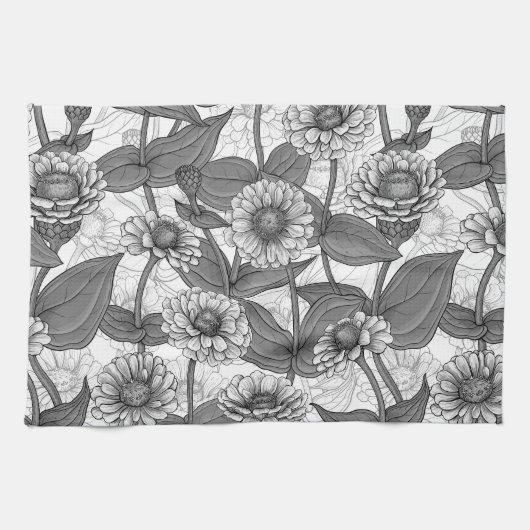 Linge De Cuisine Zinnias, monochrome sur blanc (Horizontal)