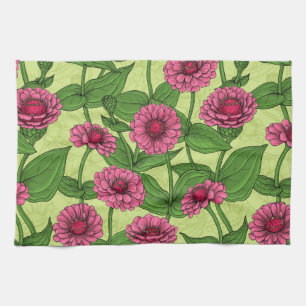 Linge De Cuisine Zinnias rose sur vert clair