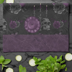 Linge De Cuisine Zodiac Magie Plum violet foncé Roses de crâne go