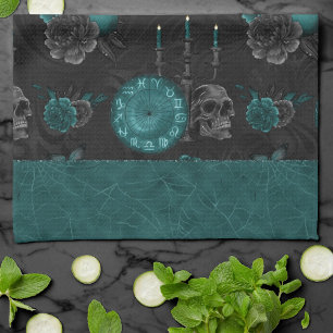 Linge De Cuisine Zodiac Magie Turquoise foncé vert crâne gothique