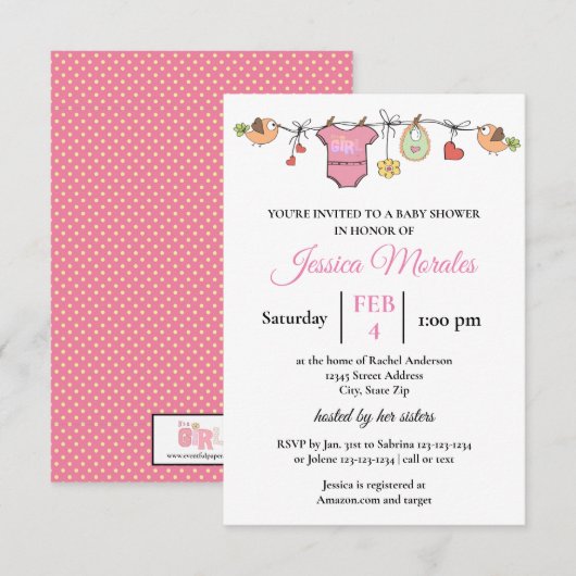 Linge de fille - Faire-part de Baby Shower 3x5 (Devant / Derrière)