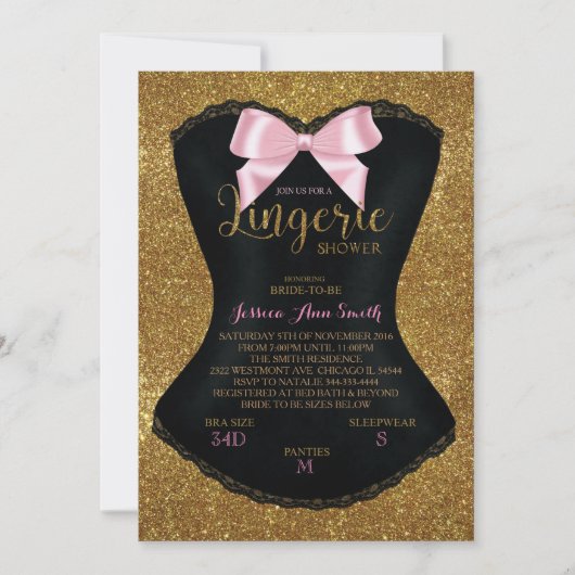 Lingerie douche bachelorette invitation or (Devant)