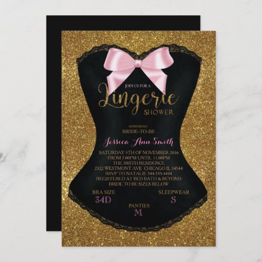 Lingerie douche bachelorette invitation or (Devant / Derrière)