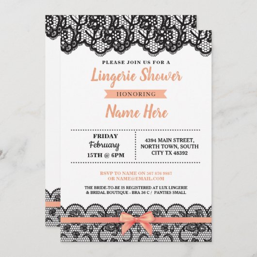 Lingerie Shower Bow Invitation Peach Black Lace Kaart (Voorkant / Achterkant)