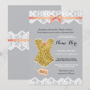 Lingerie Shower Bridal Gold Coral Glitter Invite Kaart