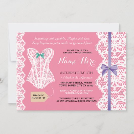 Lingerie Shower Invitation roze Bridal Party Lace Kaart (Voorkant)