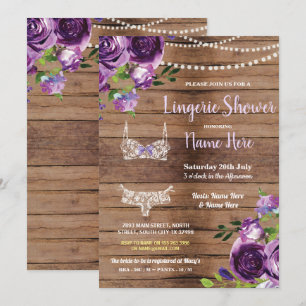 Lingerie Shower Wood Purple Flowers Invitation Kaart