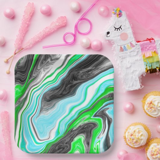 Linggroene en blauwe marmer zoals Swirls Papieren Bordje (Feest)